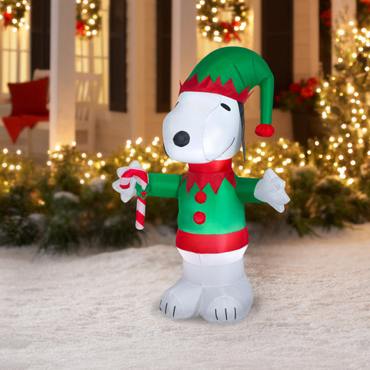 Inflatable 5' Snoopy Elf with Candy Cane lifestyle