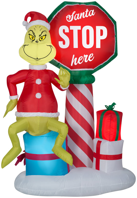 6' Inflatable Grinch w/Santa Stop Here Sign w/LEDs Scene