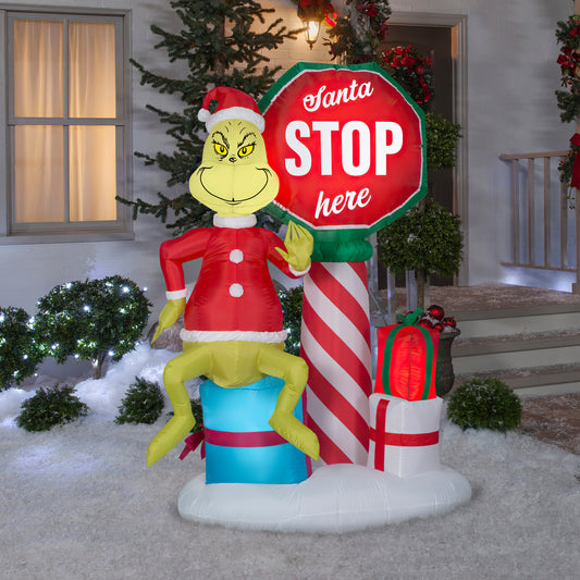 6' Inflatable Grinch w/Santa Stop Here Sign w/LEDs Scene lifestyle