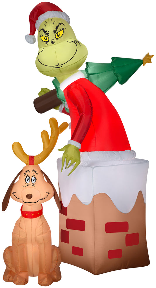 Christmas Inflatable Grinch in Chimney w/Max Scene Dr. Seuss, 5.5 ft Tall