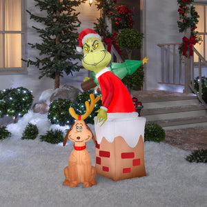 Gemmy Christmas Airblown Inflatable Grinch in Chimney w/Max Scene Dr. Seuss, 5.5 ft Tall