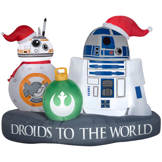 5' Wide Stylized R2-D2 and BB-8 Droid to the World Scene Star Wars Christmas Inflatable