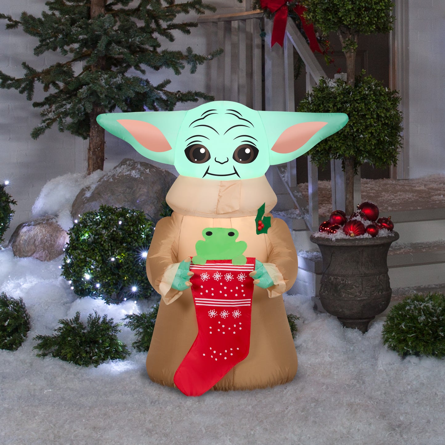 Christmas Inflatable Inflatable Grogu™ with Frog in Stocking, 3.5 ft Tall, brown lifestyle