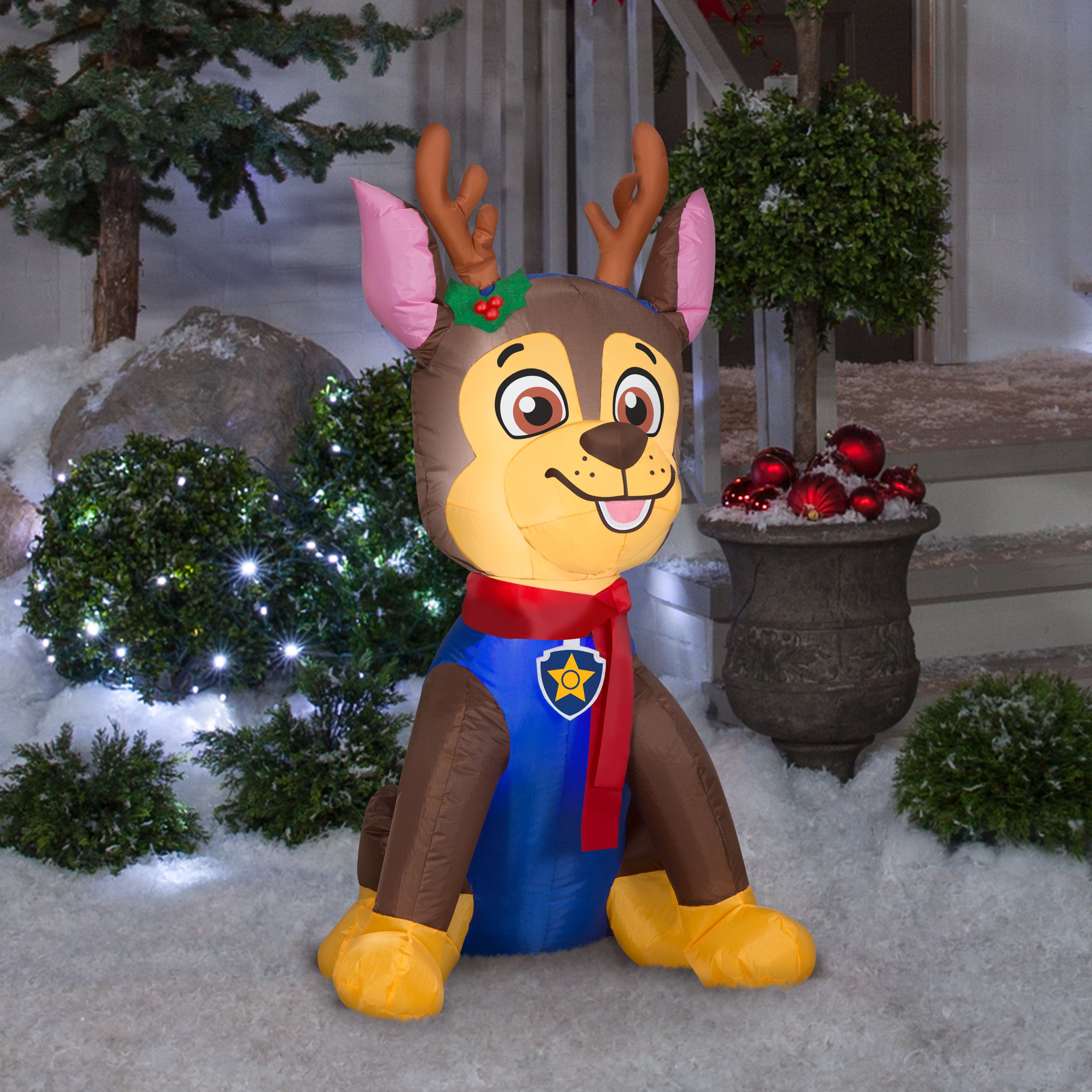 Gemmy Christmas Airblown Inflatable Chase w/Antlers and Scarf Nick, 3.5 ft Tall, Brown