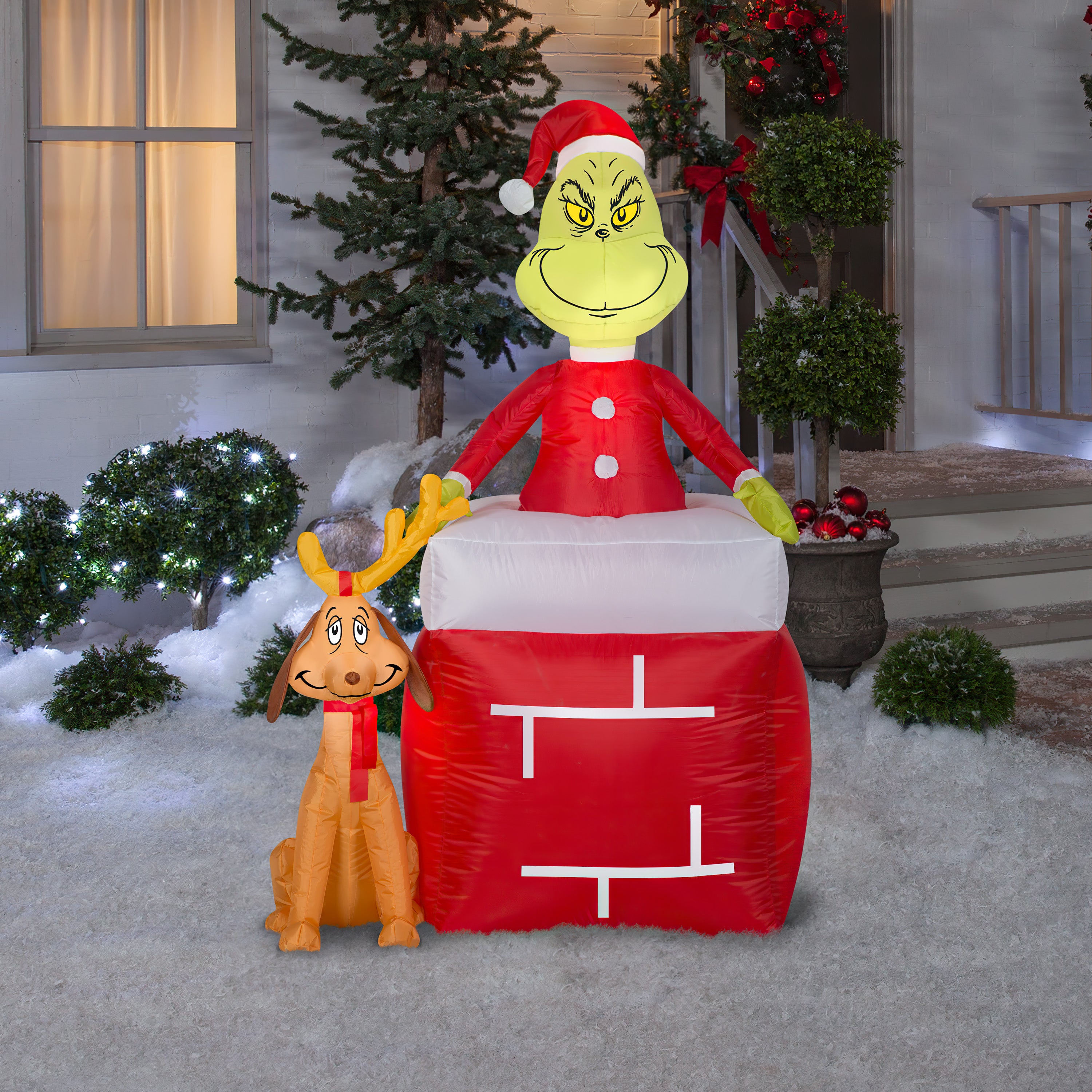 Gemmy 5.5' Airblown Inftlatable Grinch Out of Chimney w/Max Scene