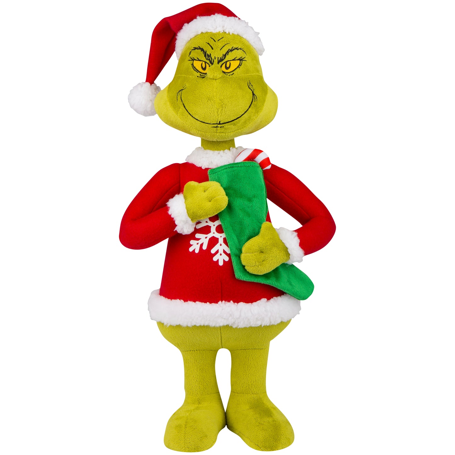 Grinch with Plush Snowflake Sweater and Green Stocking Christmas Porch Greeter