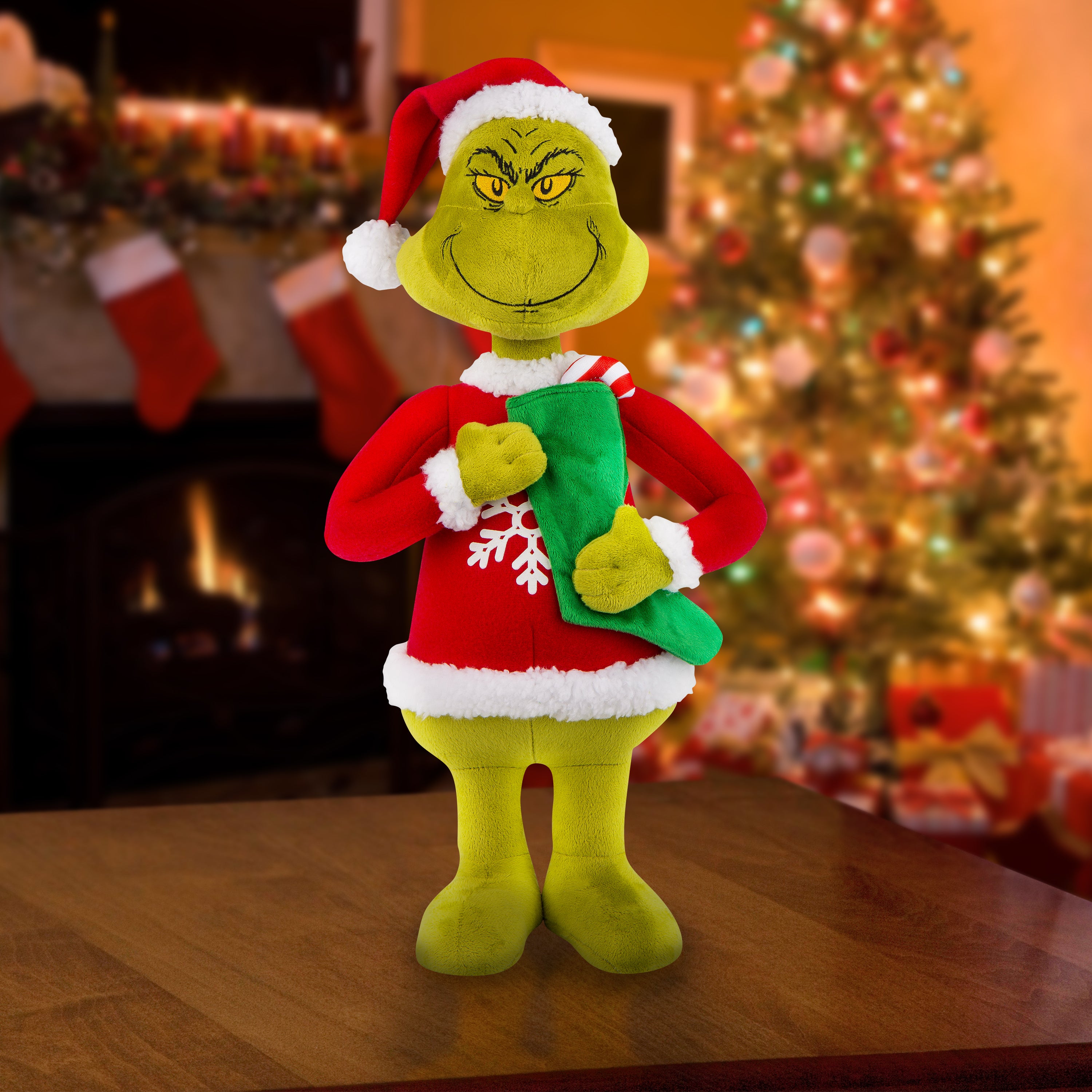 Gemmy Grinch Holiday Greeter with Plush Snowflake Sweater and Green Stocking, Multi