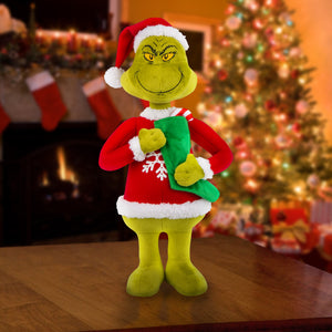 Gemmy Grinch Holiday Greeter with Plush Snowflake Sweater and Green Stocking, Multi