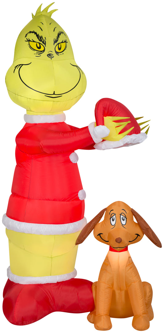 Animated Inflatable Grinch Putting Santa Hat on Max Scene Dr. Seuss, 6 ft Tall