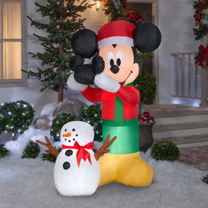 Gemmy Animated Airblown Inflatable Mickey Putting Hat on Snowman Scene Disney, 6 ft Tall