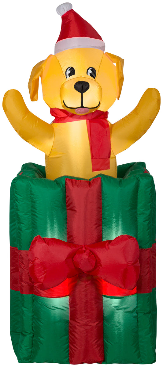 Animated Puppy in Christmas Gift Box, 5 ft Tall, green