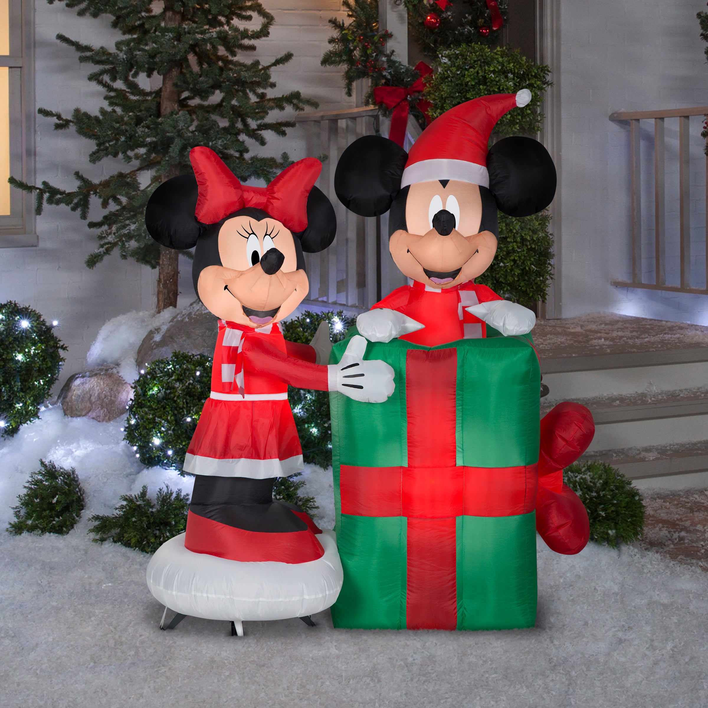 5' Animated Airblown Inflatable Minnie with Mickey Popping Out of Present Scene