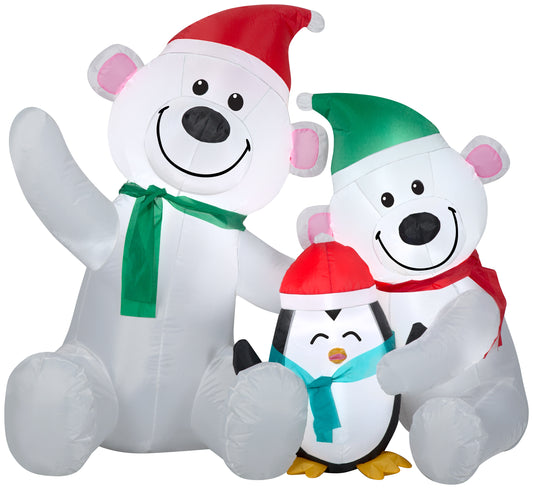 Christmas Inflatable Polar Bear family w/Penguin Scene, 3.5 ft Tall, White