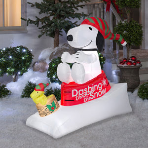 Gemmy Christmas Airblown Inflatable Snoopy and Woodstock in Sled Scene Peanuts , 4 ft Tall