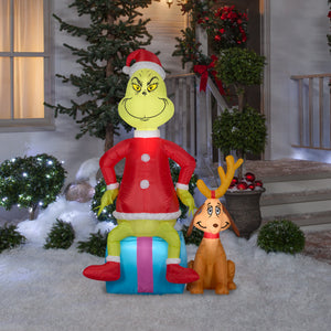 Gemmy Christmas Airblown Inflatable Grinch w/Max Scene Dr. Seuss, 5 ft Tall, red