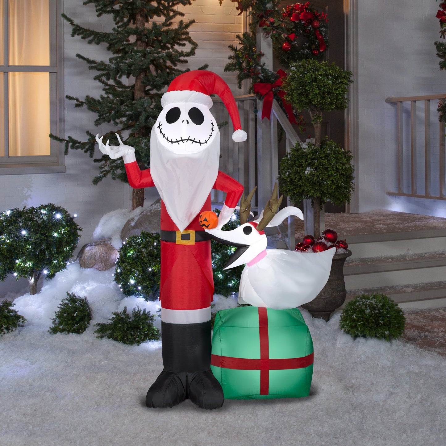 Inflatable Inflatable Jack Skellington as Santa and Zero Wearing Antlers, 5 ft Tall lifestyle