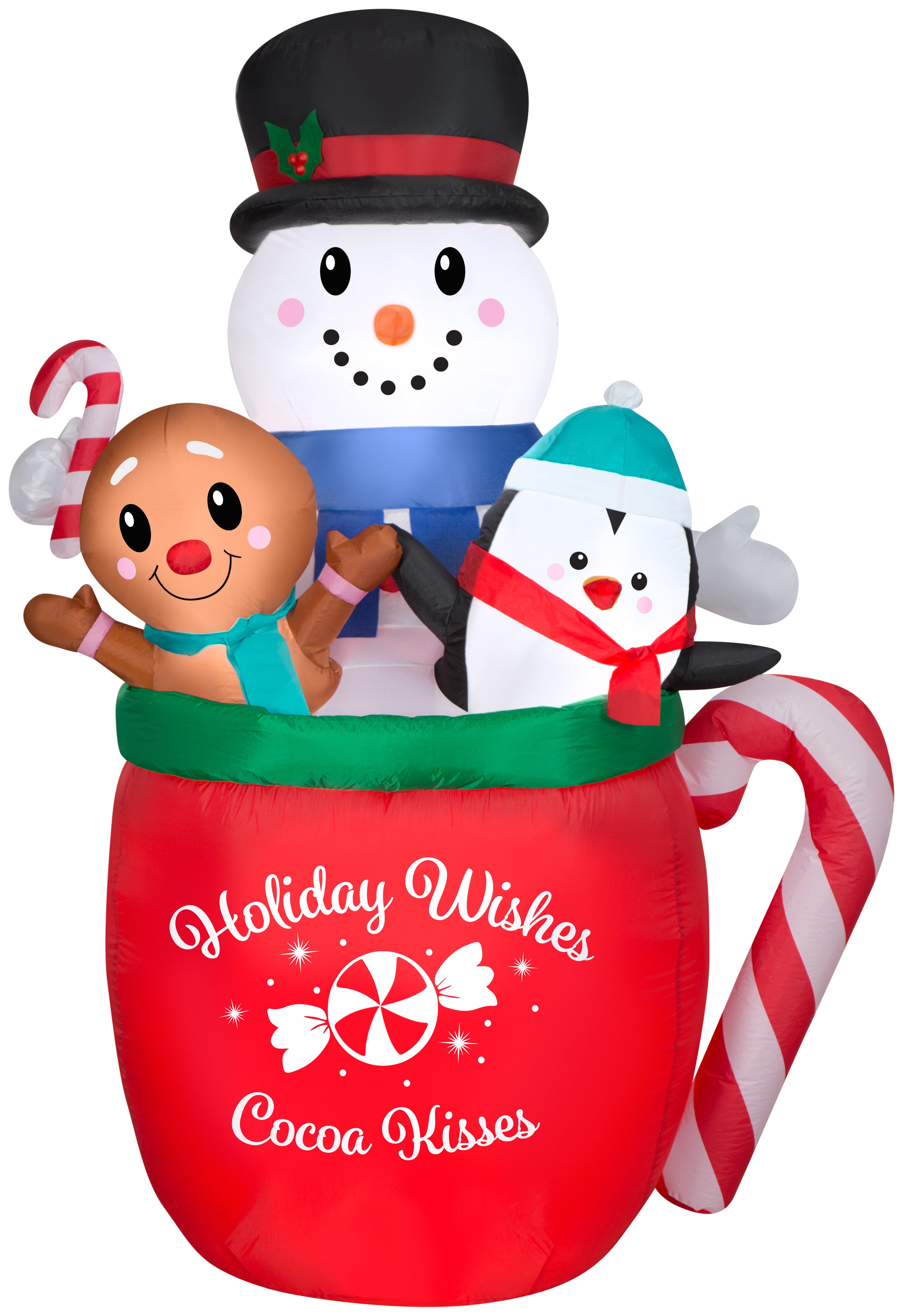 Gemmy Christmas Airblown Inflatable Snowman/Gingerbread/Penguin Mug Scene, 6.5 ft Tall, Red