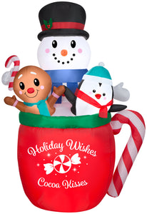 Gemmy Christmas Airblown Inflatable Snowman/Gingerbread/Penguin Mug Scene, 6.5 ft Tall, Red