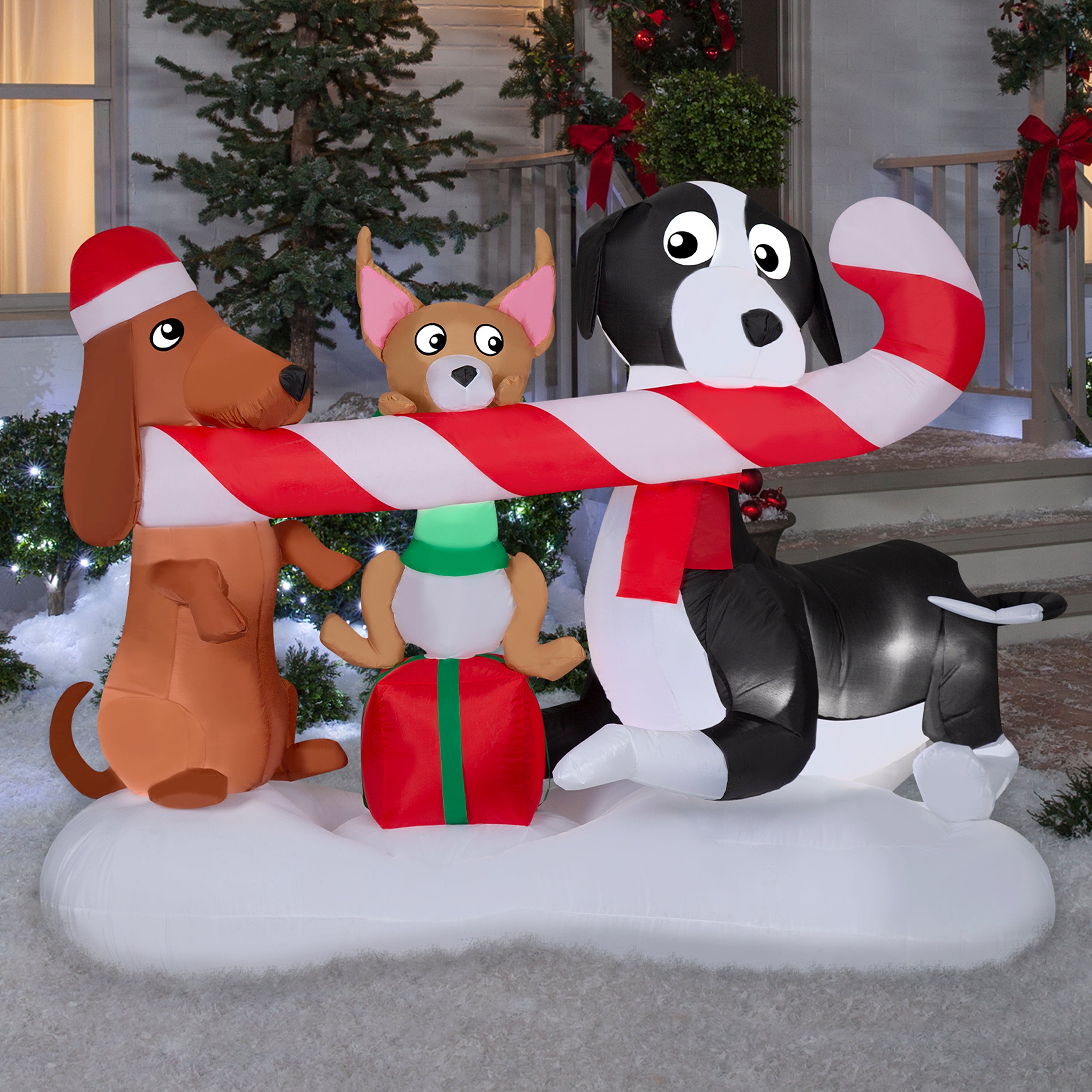 Gemmy Christmas Inflatable Dogs Sharing a Candy Cane Scene, 4.5 ft Tall, Multi