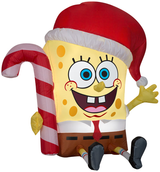 Gemmy Christmas Airblown Inflatable SpongeBob w/Candy Cane Nickelodeon, 3 ft Tall, yellow