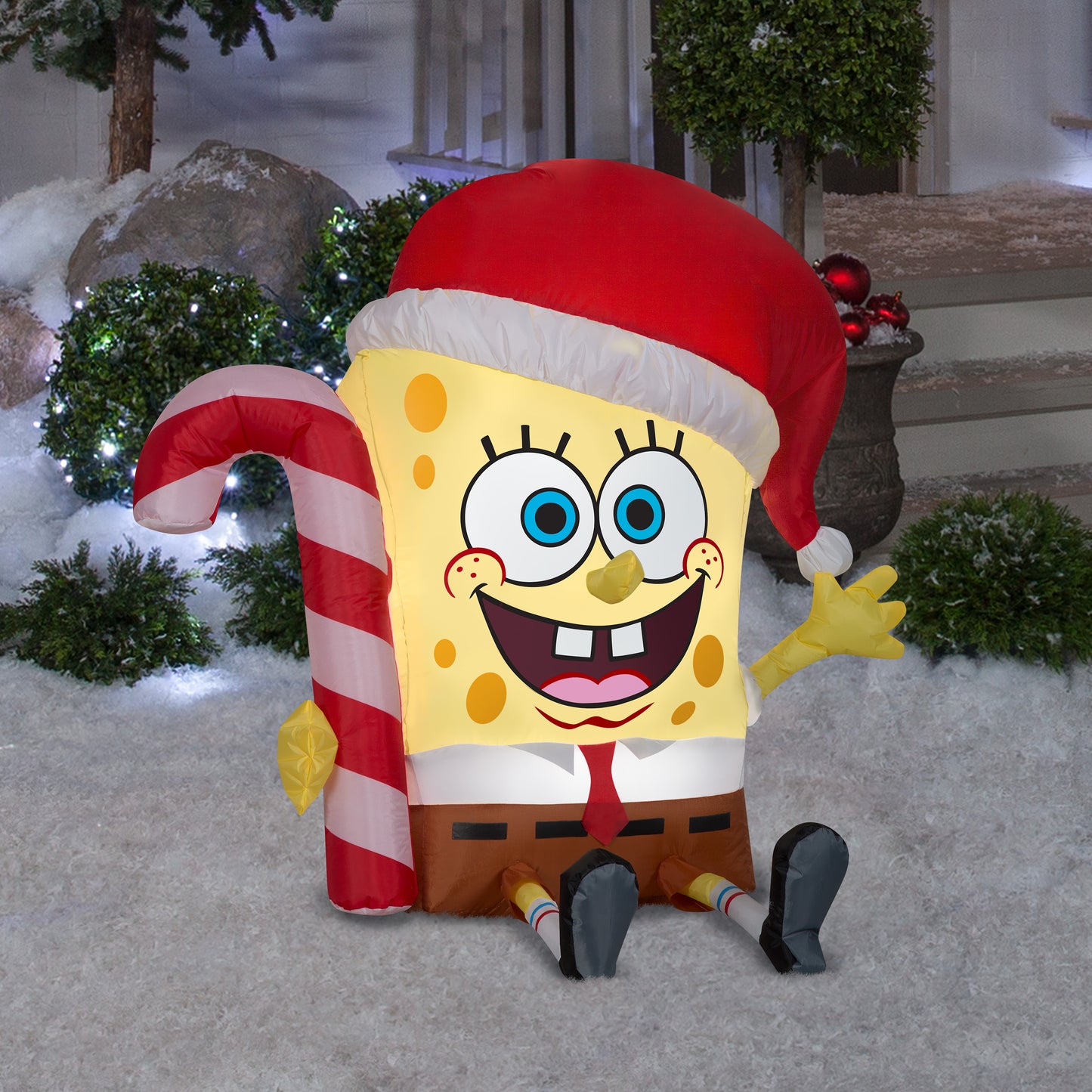 Gemmy Christmas Airblown Inflatable SpongeBob w/Candy Cane Nickelodeon, 3 ft Tall, yellow