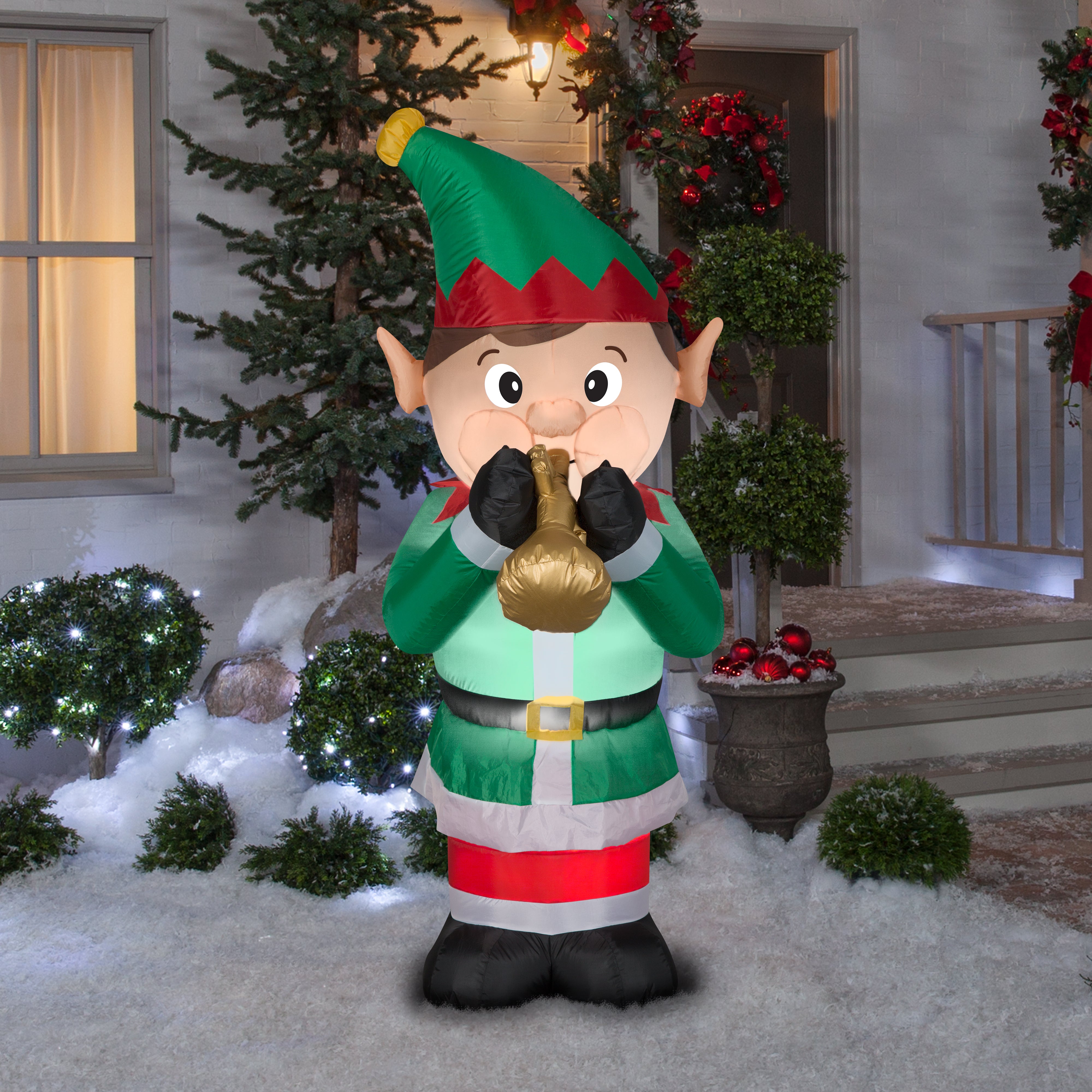 Gemmy Animated Christmas Airblown Inflatable Mixed Media Elf Playing Trumpet, 4 ft Tall, Green