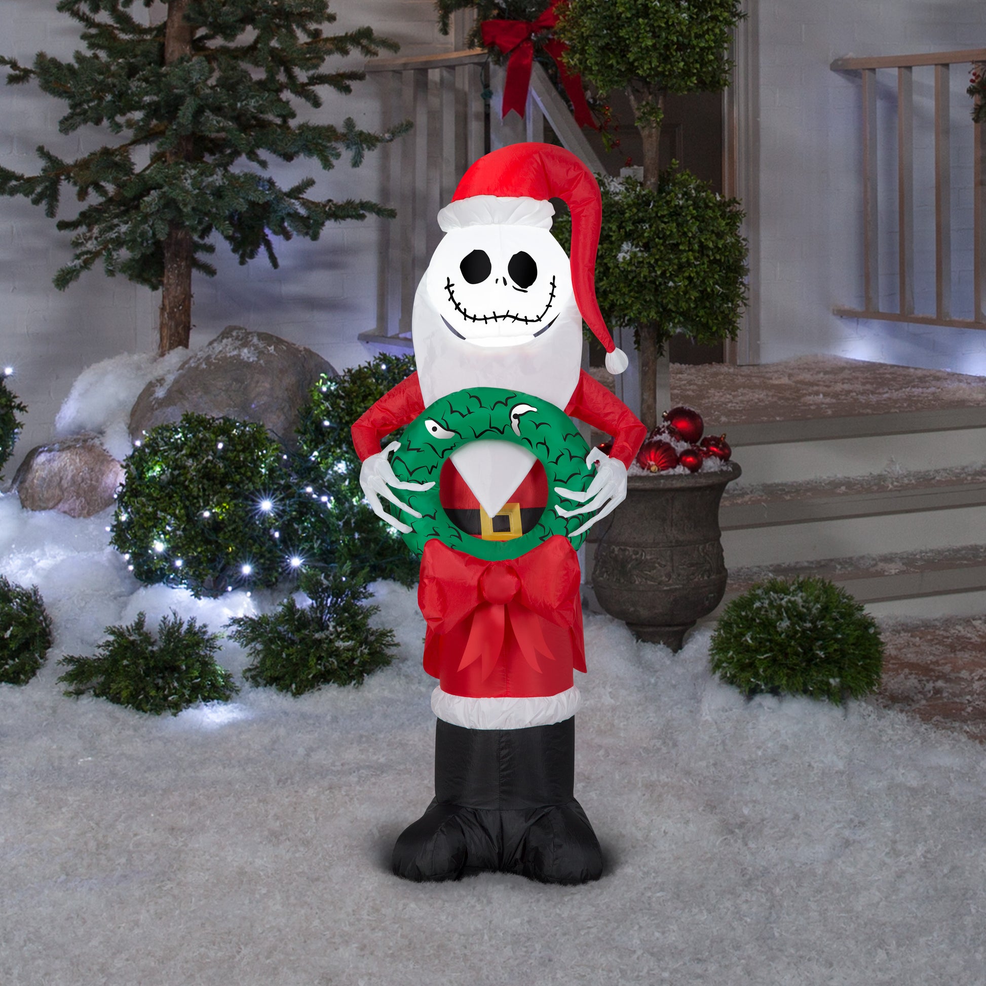 4-Ft Jack Skellington in Santa Suit with Wreath Christmas Inflatable lifestyle
