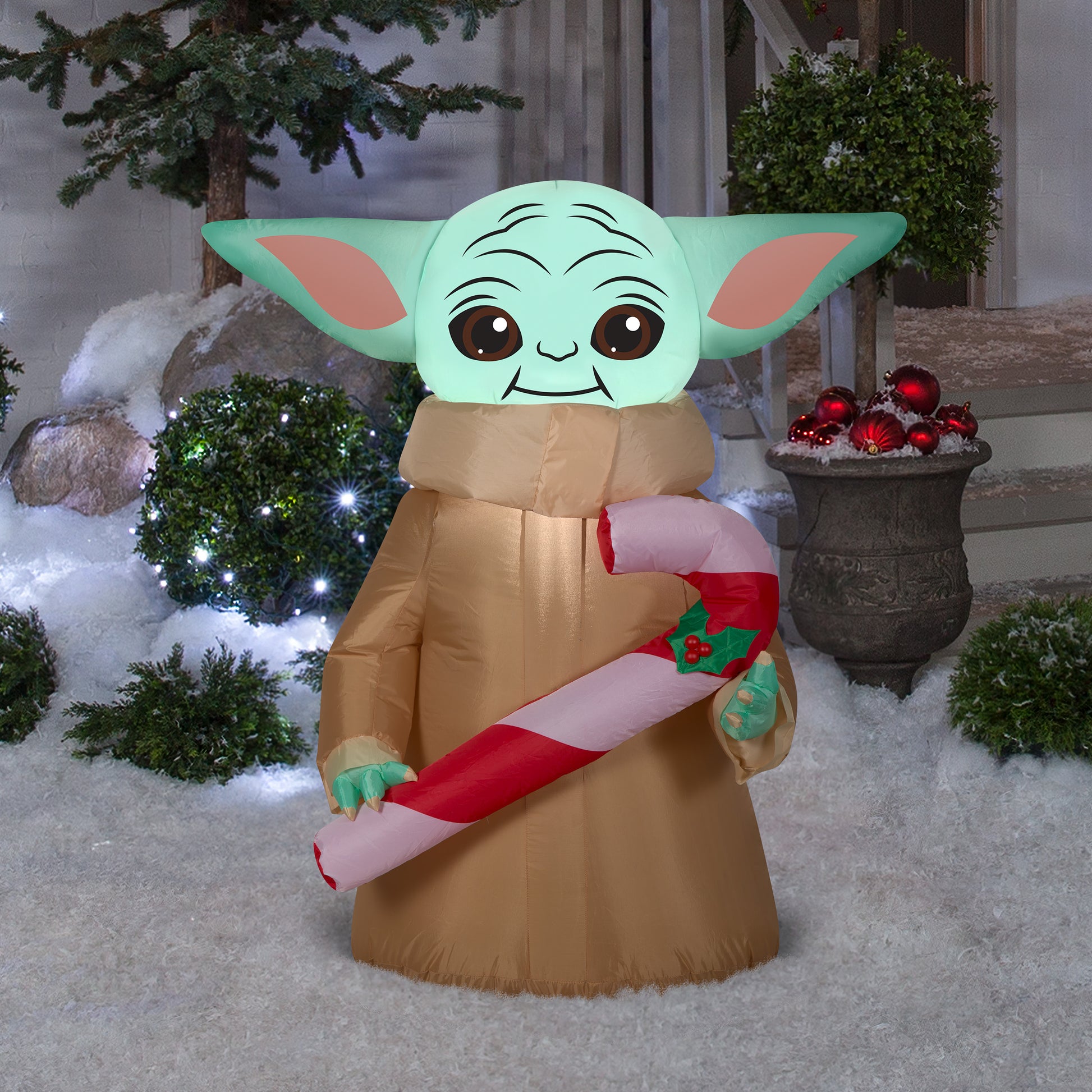 3.5-Ft Star Wars Grogu with Candy Cane Christmas Inflatable lifestyle