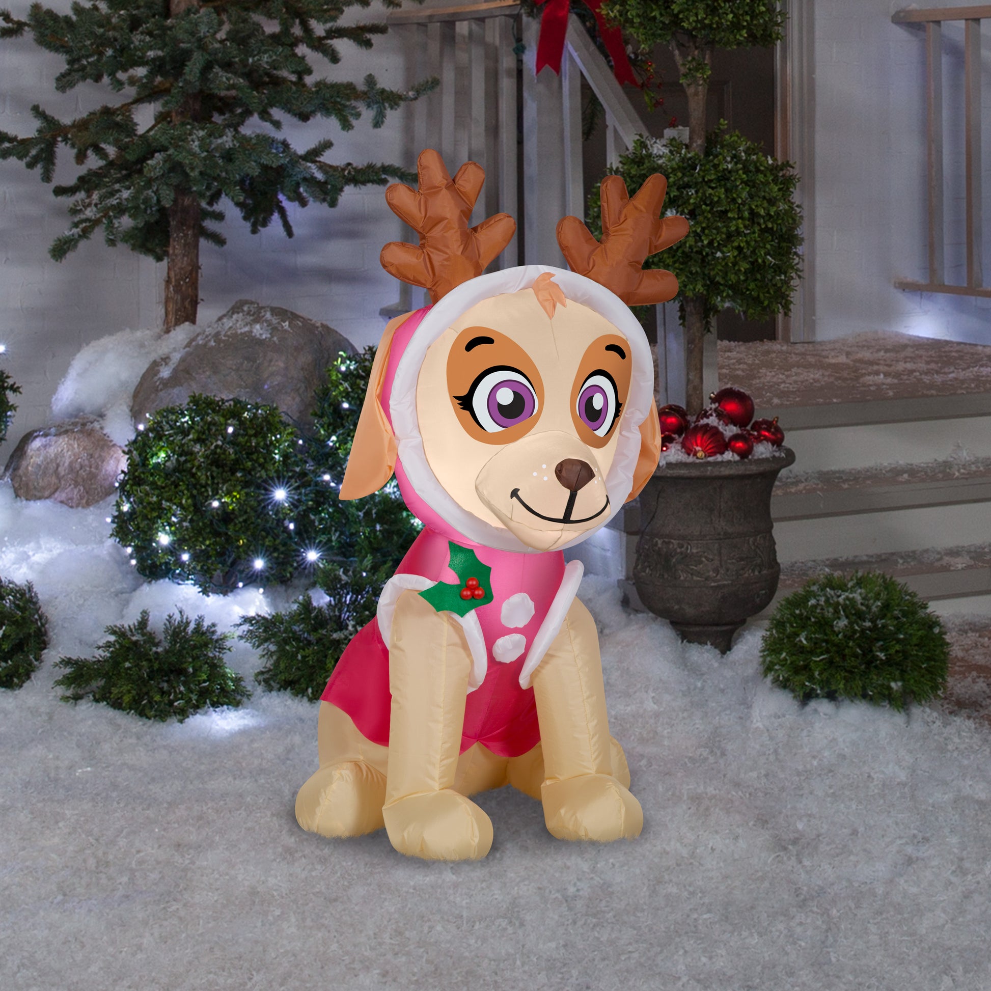 Christmas Inflatable Skye in Pink Snow Outfit w/Antlers Nick, 3.5 ft Tall, pink lifestyle