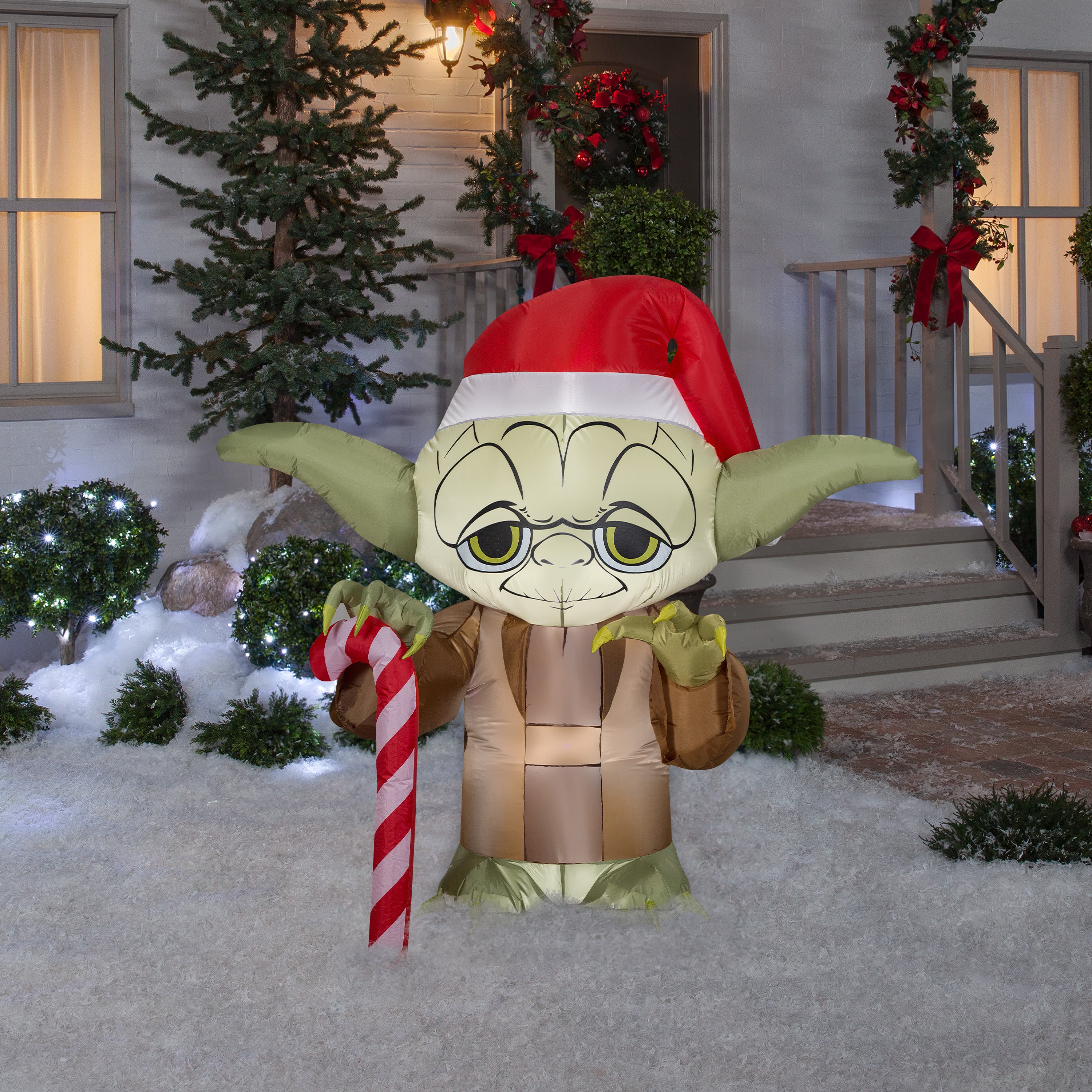 Gemmy Christmas Airblown Inflatable Inflatable Yoda with Candy Cane, 4.5 ft Tall, brown