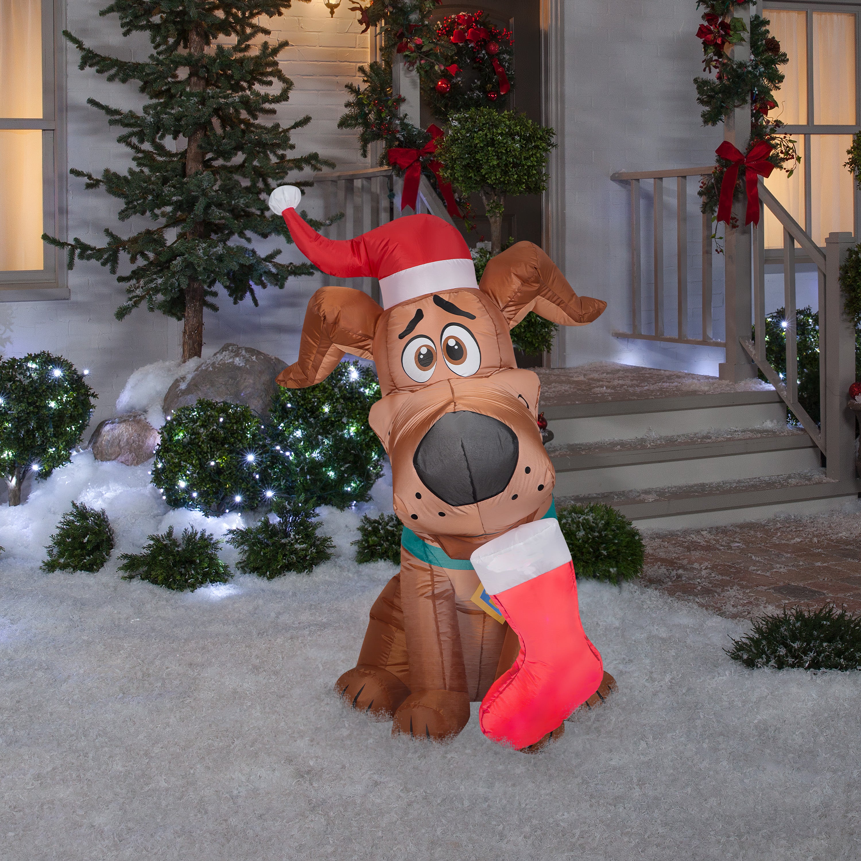 Gemmy Christmas Airblown Inflatable Inflatable SCOOB with a Christmas Stocking, 4.5 ft Tall, brown