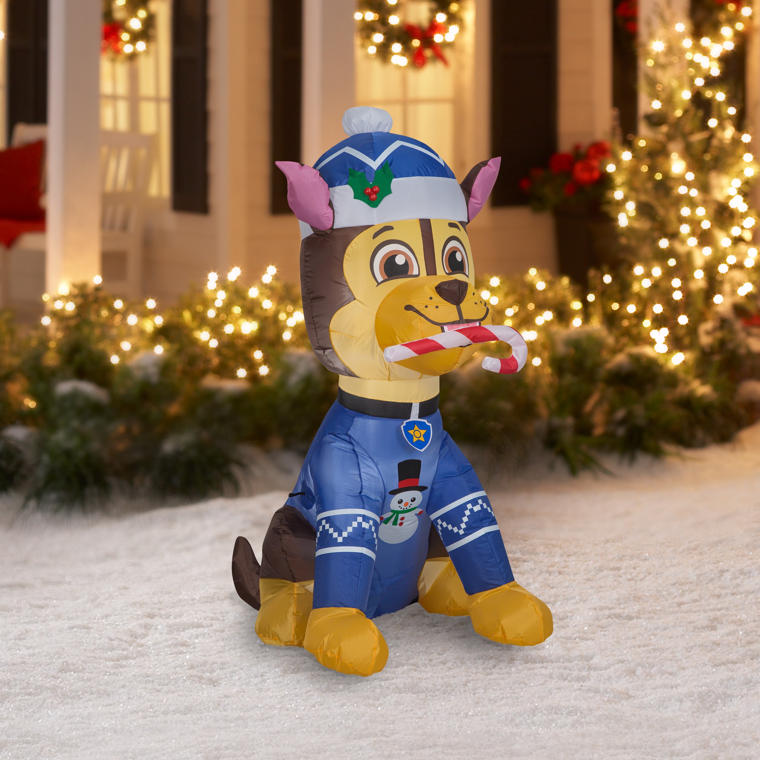 Gemmy Christmas Airblown Inflatable Inflatable Chase in Snowman Sweater, 4.5 ft Tall, blue