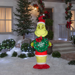Gemmy Christmas Airblown Inflatable Inflatable Grinch with Wreath, 5.5 ft Tall, green