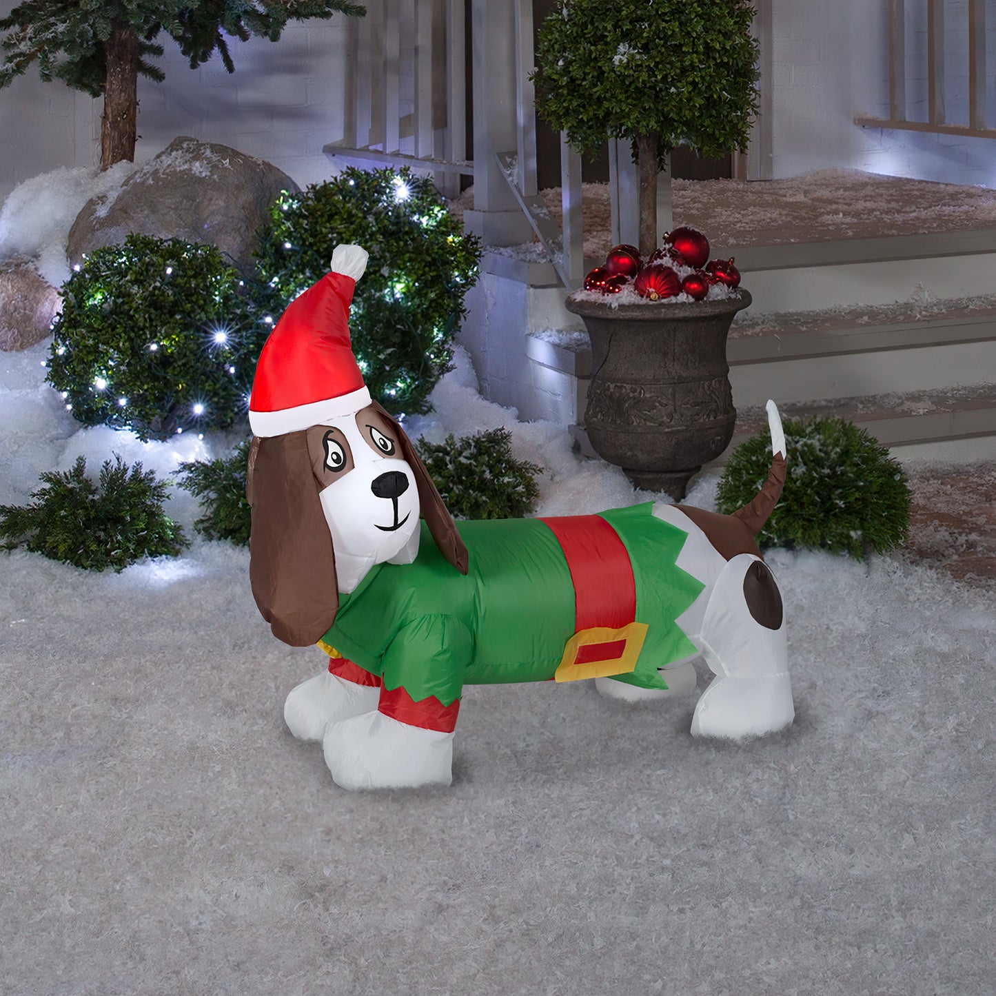 Christmas Inflatable Inflatable Basset Hound in Elf Outfit, 2.5 ft Tall, green lifestyle