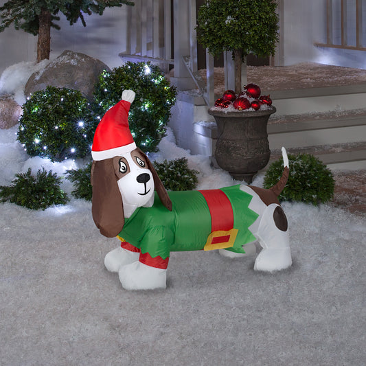 Christmas Inflatable Inflatable Basset Hound in Elf Outfit, 2.5 ft Tall, green lifestyle