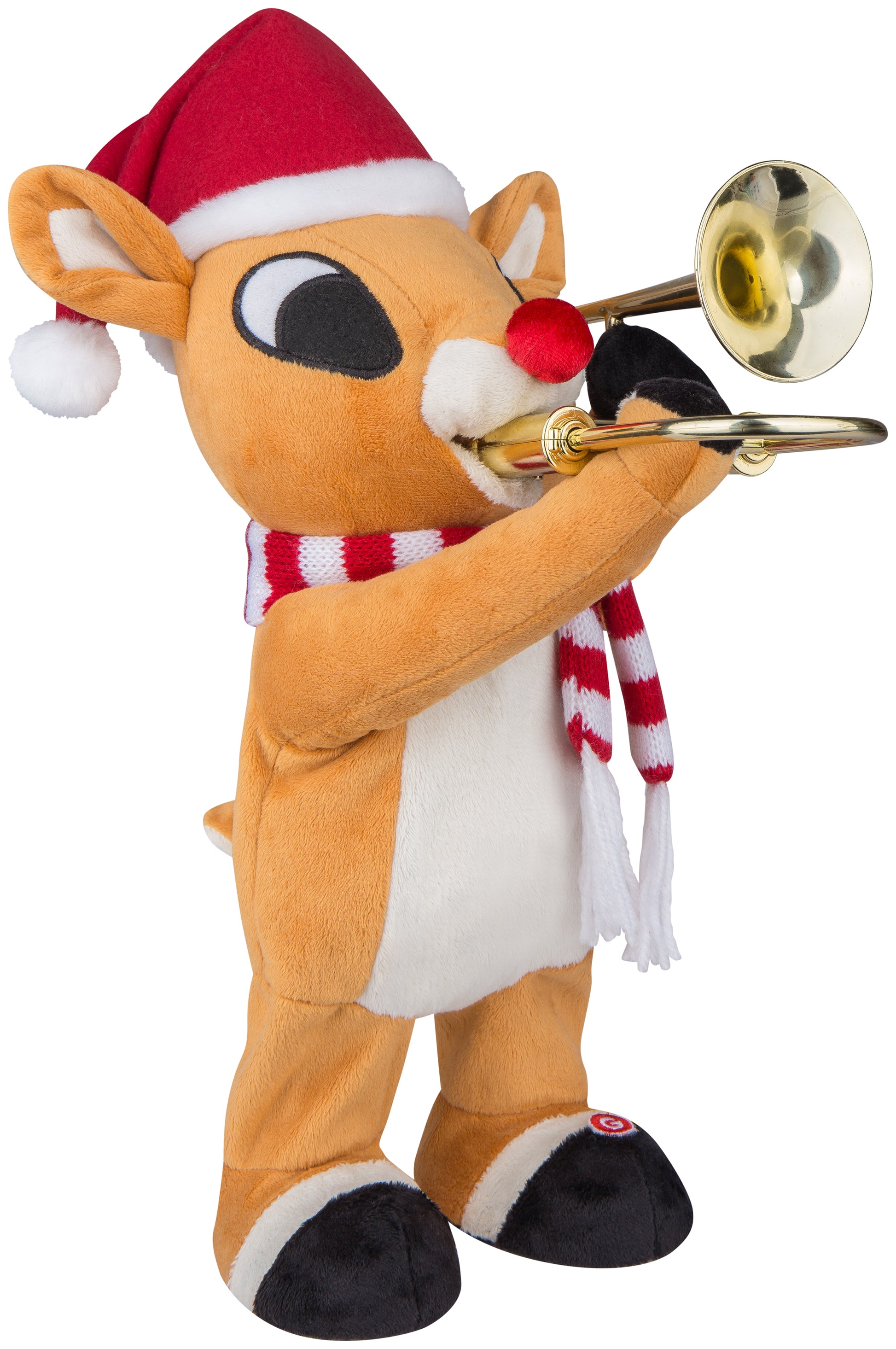 Standing Trombone Rudolph with Santa Hat and Scarf Christmas Décor