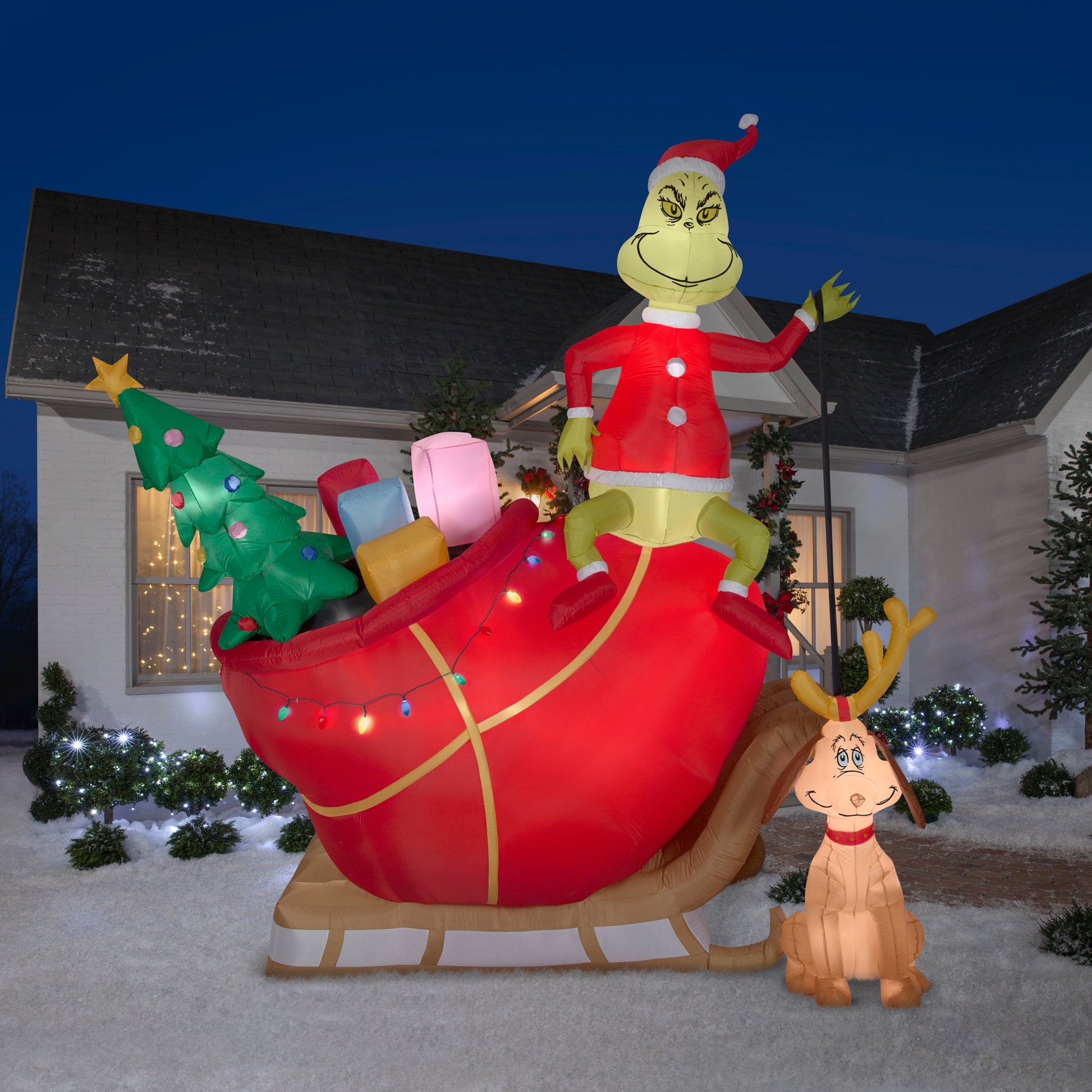 12' Grinch and Max in Sleigh Colossal Scene Grinch Christmas Inflatable lifestyle
