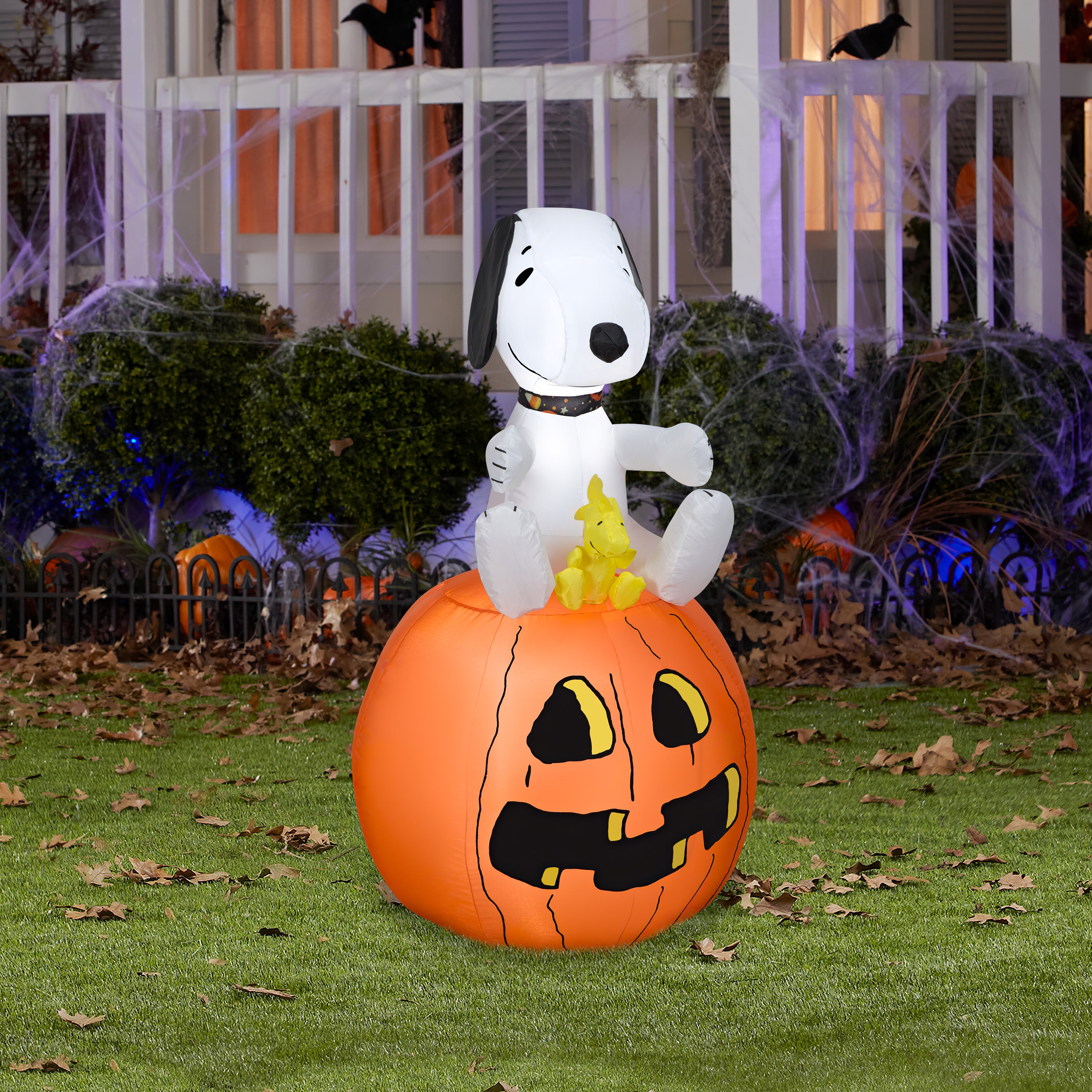 Gemmy Christmas Airblown Inflatable Snoopy w/Halloween Collar and Woodstock on Pumpkin, 3.5 ft Tall