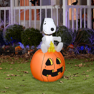 Gemmy Christmas Airblown Inflatable Snoopy w/Halloween Collar and Woodstock on Pumpkin, 3.5 ft Tall