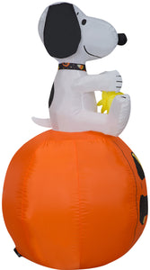 Gemmy Christmas Airblown Inflatable Snoopy w/Halloween Collar and Woodstock on Pumpkin, 3.5 ft Tall