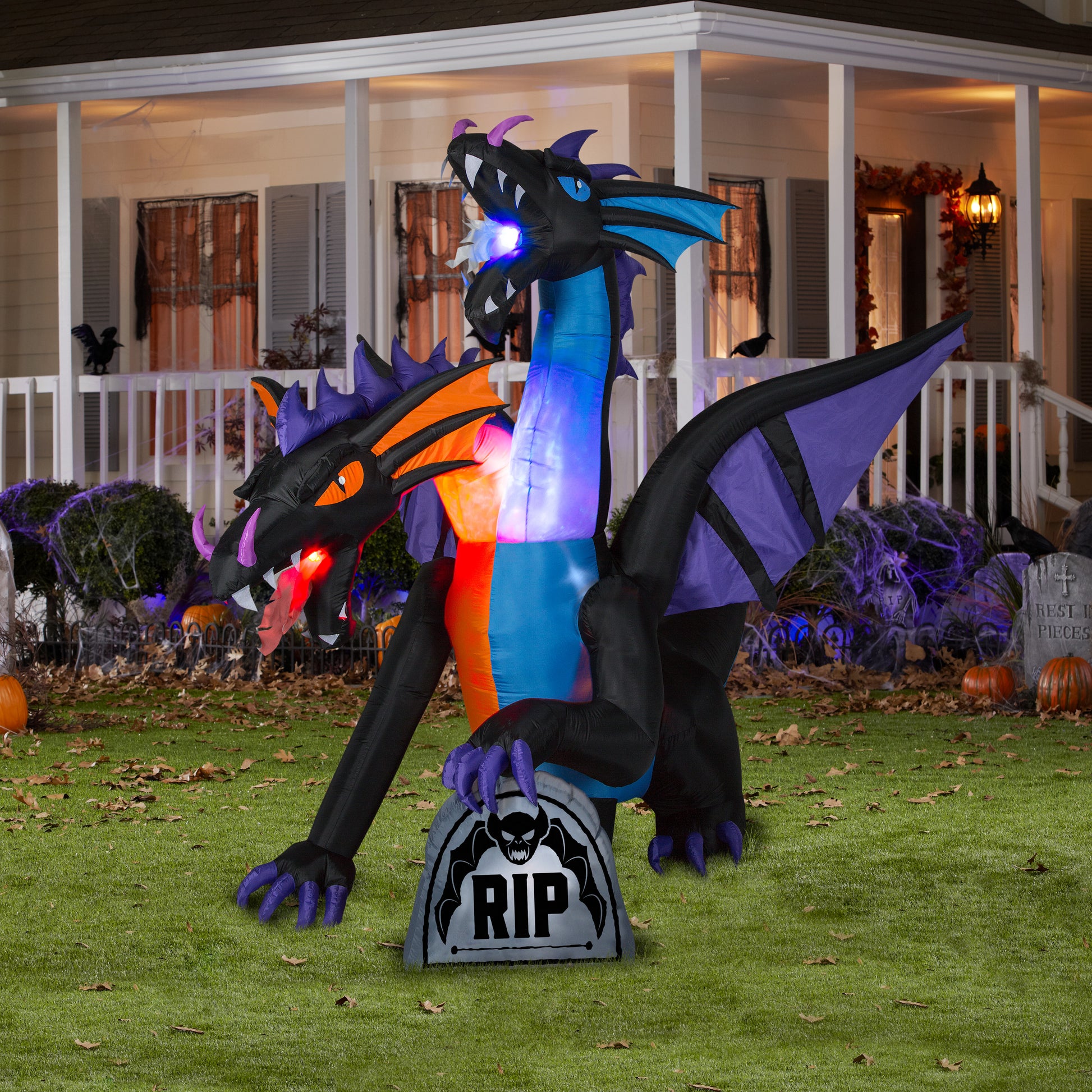 9' Projection Fire & Ice Two Headed Dragon w/ Flaming Mouth Halloween Inflatable lifestyle