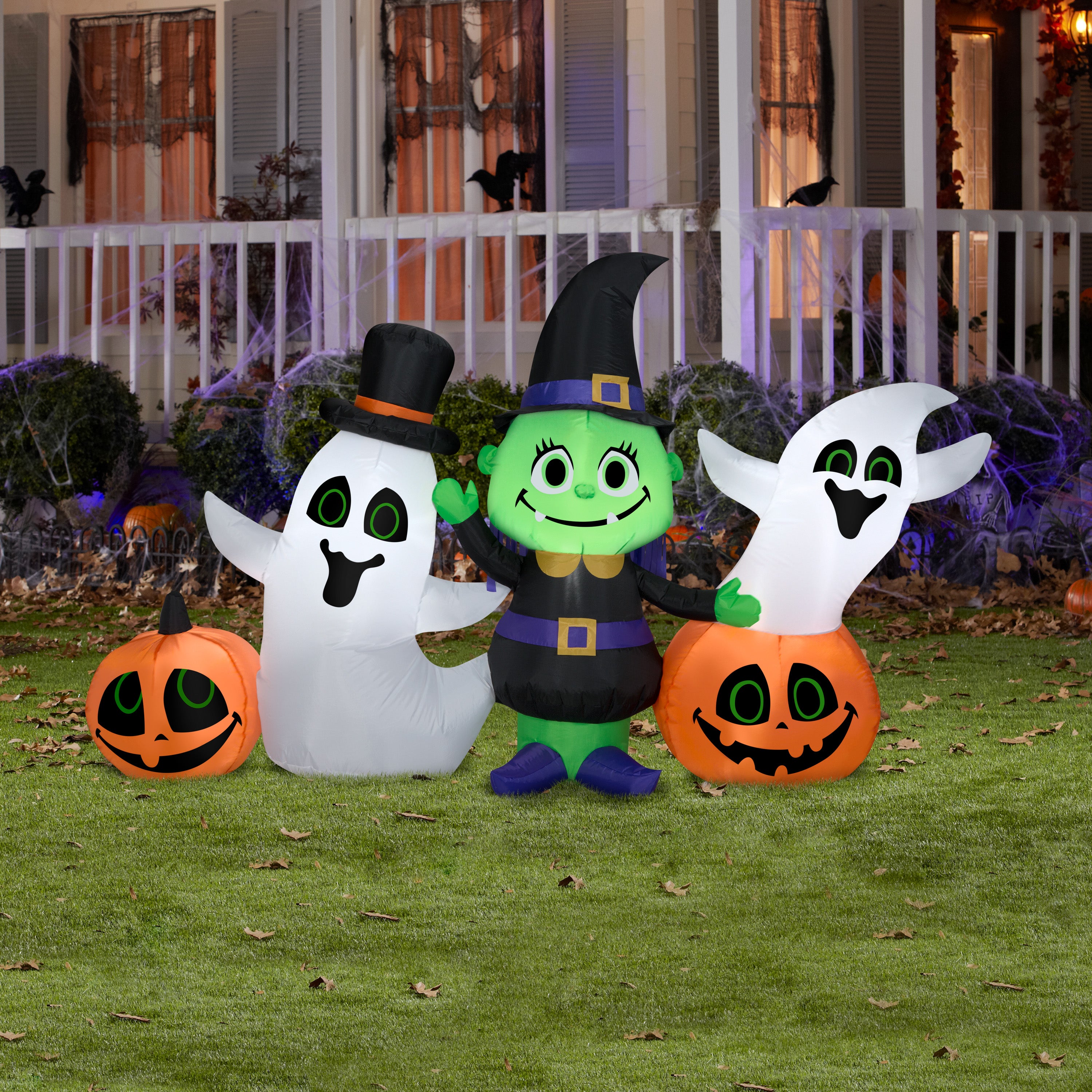 Gemmy Airblown Witch w/Ghost and Pumpkins Collection Scene , 4 ft Tall, Multicolored