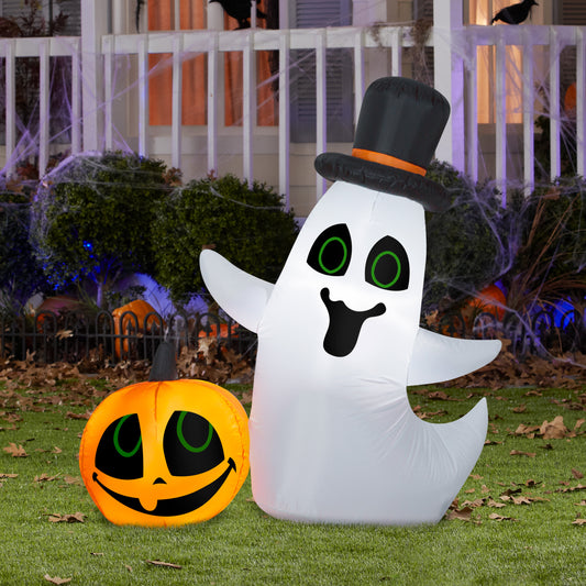 4' Inflatable Ghost w/Top Hat & Pumpkin Scene lifestyle