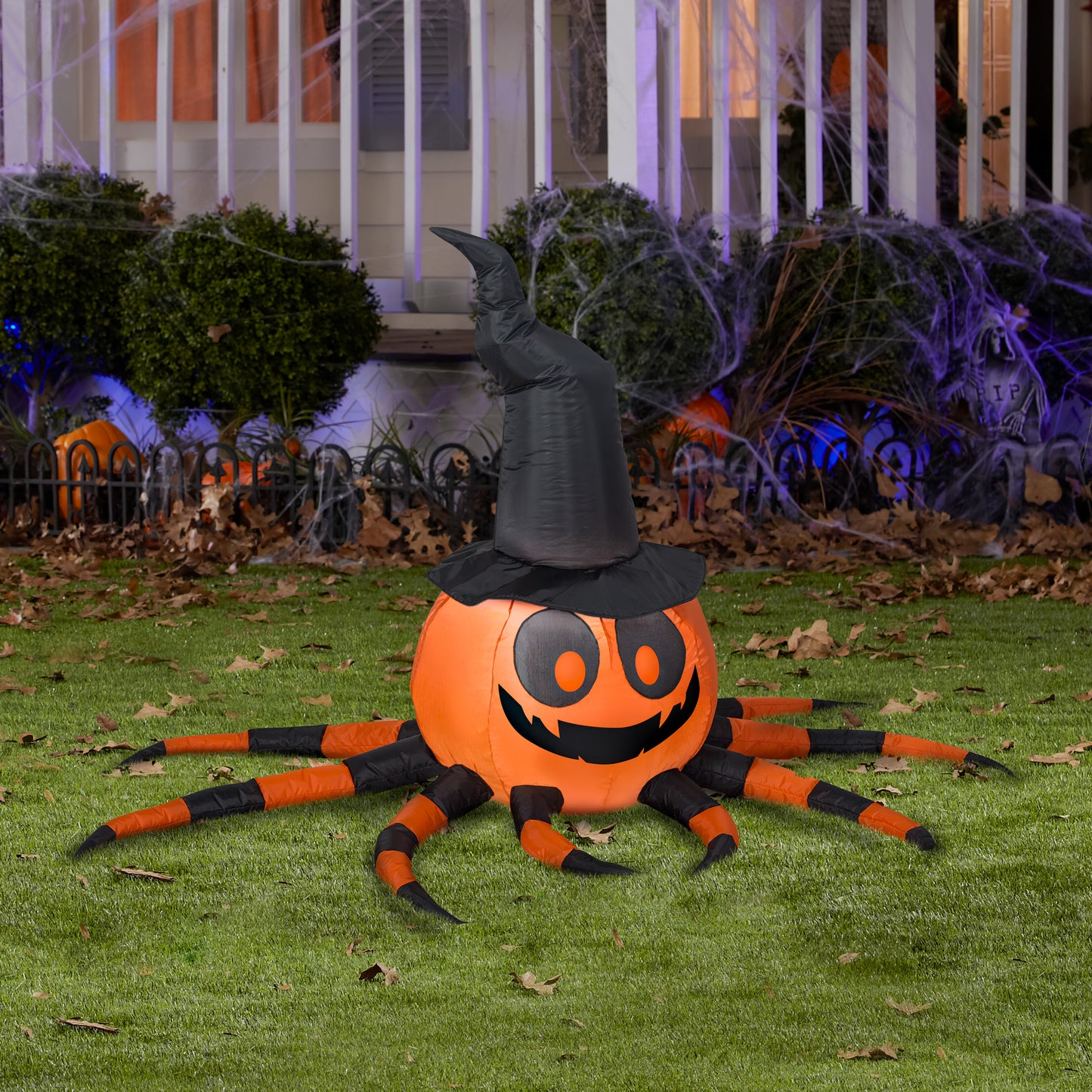Inflatable Orange and Black Spider with Witch Hat, 3 ft Tall lifestyle