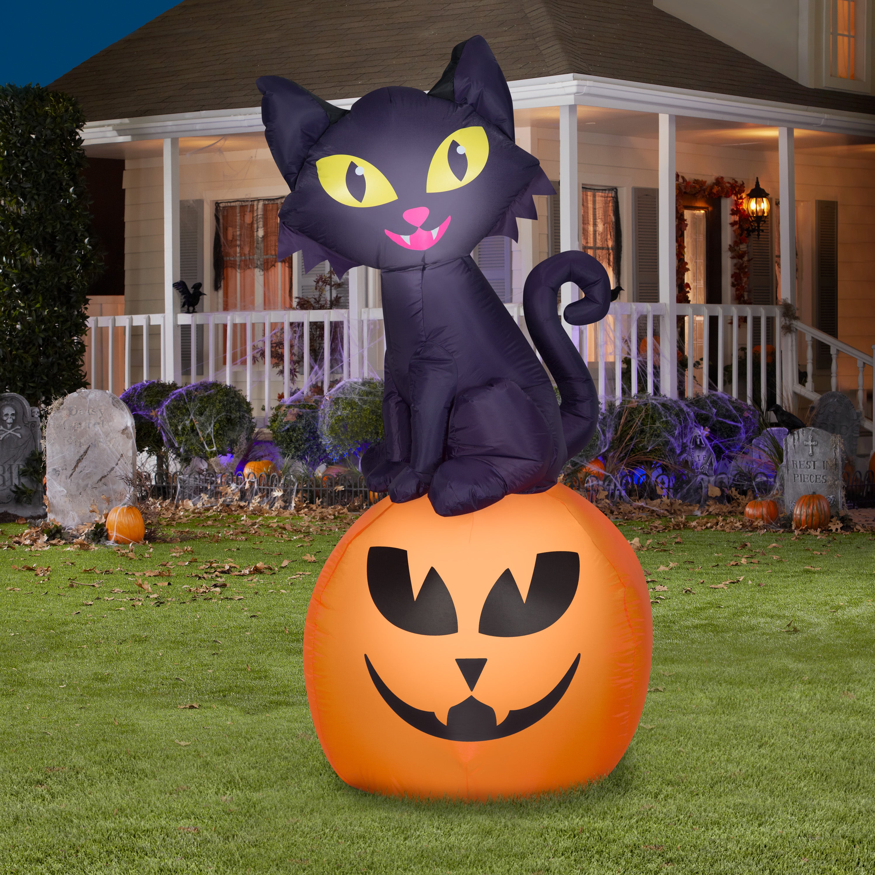 Gemmy Airblown Inflatable Halloween Cat on Pumpkin 5.5 ft