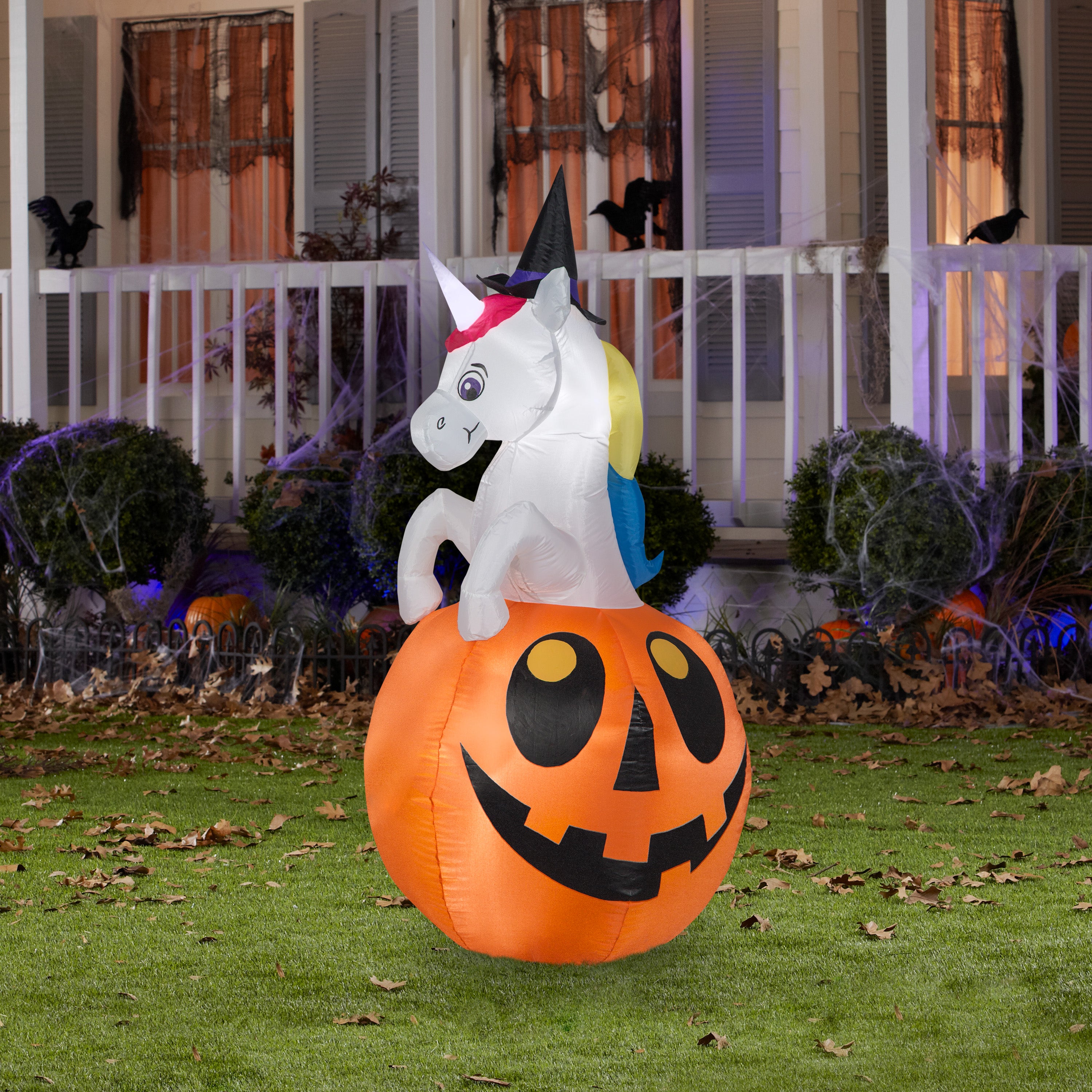 Gemmy Airblown Unicorn w/Colorchanging Horn out of Pumpkin Scene (RGB), 5 ft Tall, Multicolored