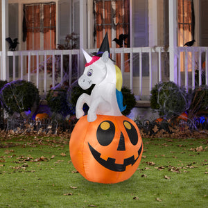 Gemmy Airblown Unicorn w/Colorchanging Horn out of Pumpkin Scene (RGB), 5 ft Tall, Multicolored