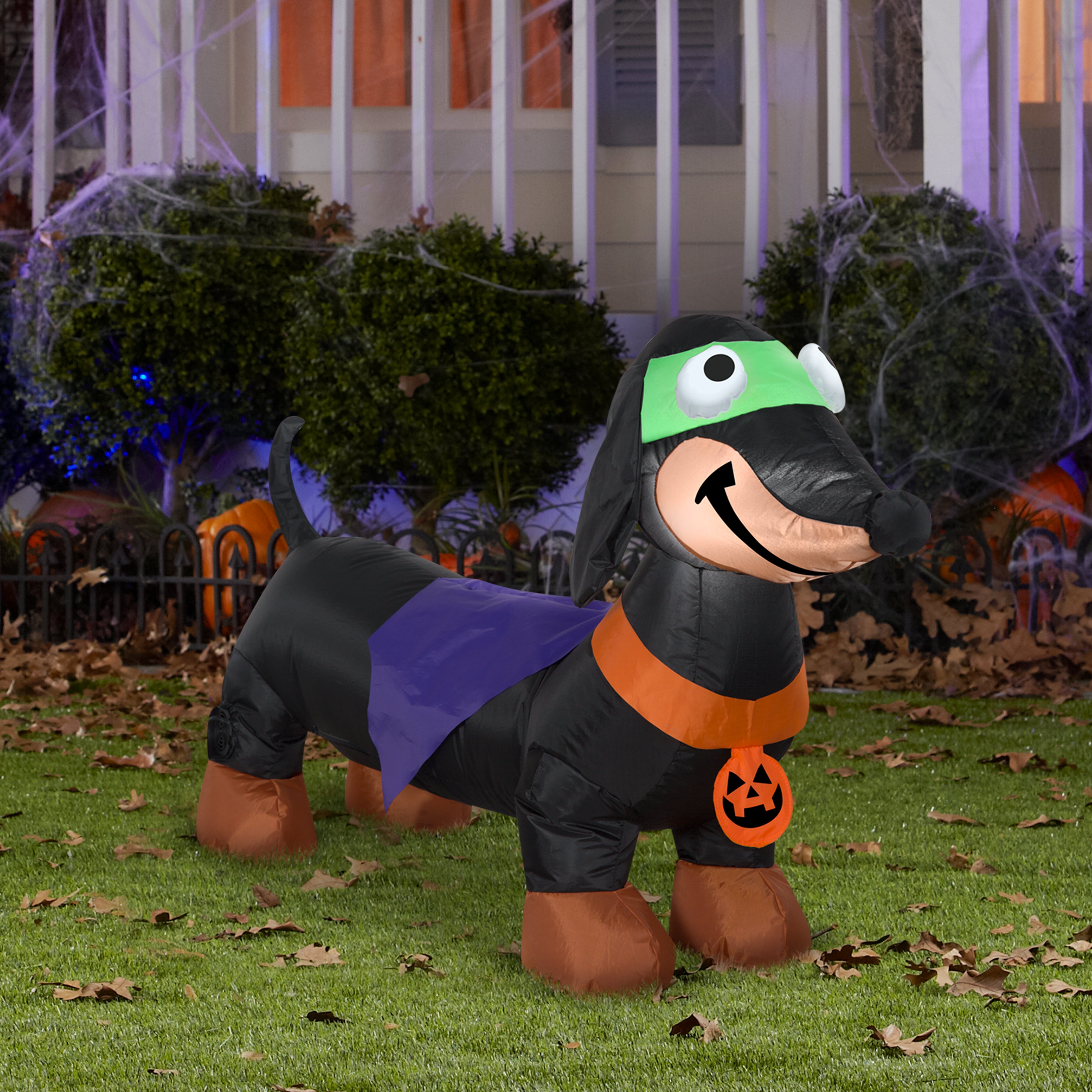 Gemmy Airblown Super Hero Dog w/JOL Collar Doxen, 2.5 ft Tall, Black