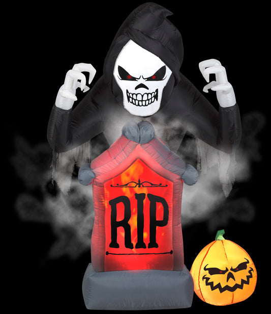 6' Animated Projection Fog Effect Fire & Ice-Shaking Reaper w/ Tombstone and Pumpkin Scene Halloween Inflatable