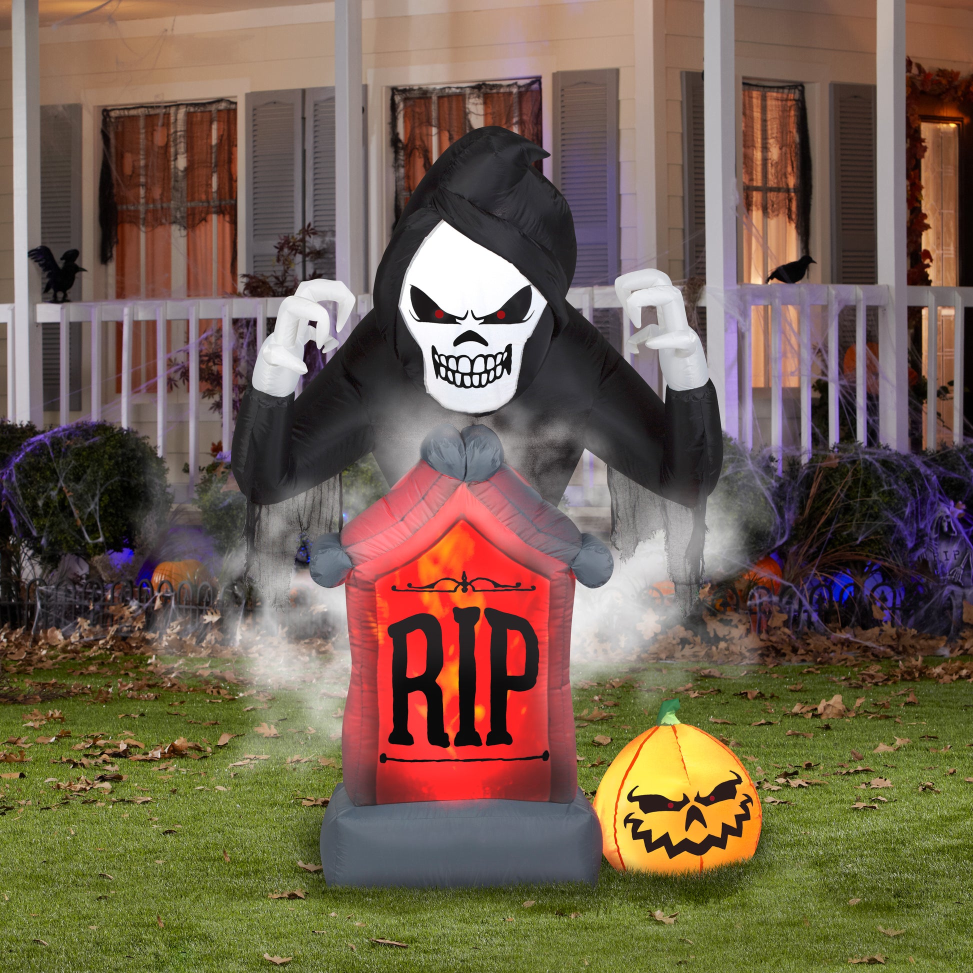 6' Animated Projection Fog Effect Fire & Ice-Shaking Reaper w/ Tombstone and Pumpkin Scene Halloween Inflatable lifestyle